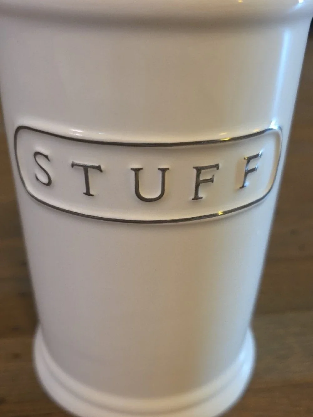 Pottery Barn White Ceramic 'STUFF' Storage Canister